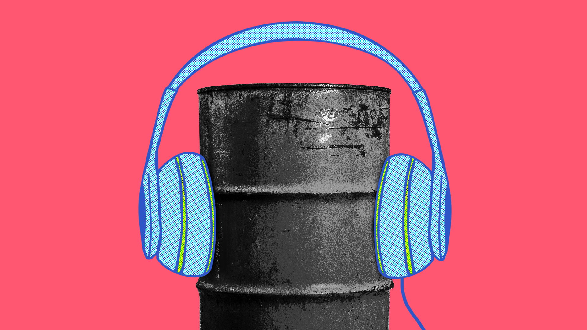 An oil barrel wearing headphones
