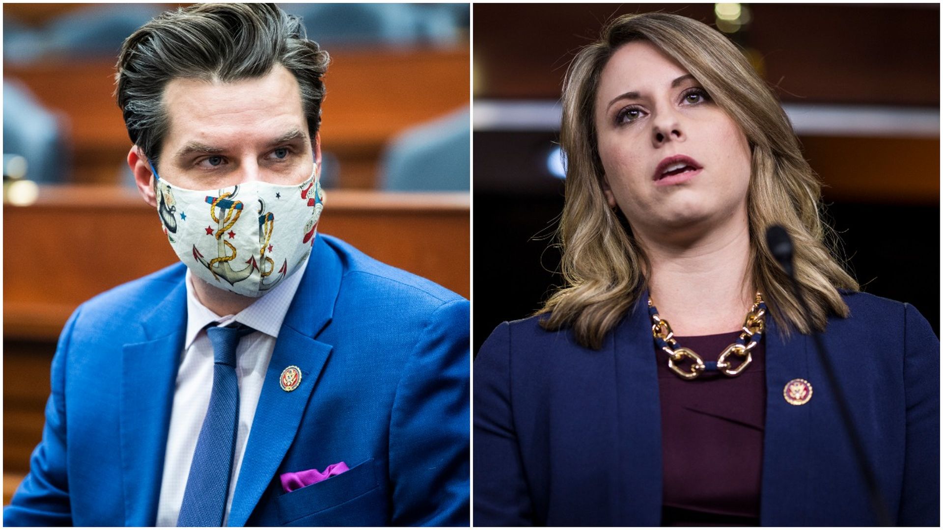 Combination images of Rep. Matt Gaetz and former Rep. Katie Hill.