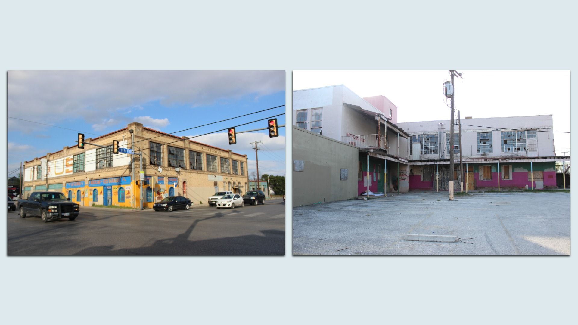 Two-panel urban scene: left shows a brick building with murals and traffic lights at a busy intersection; right shows an abandoned white building with boarded windows and a gray empty lot.