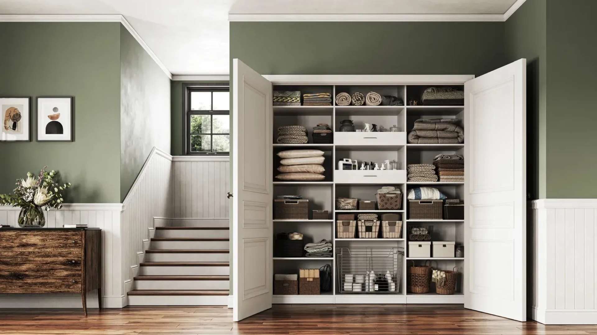 Open white closet with neatly organized shelves holding blankets, pillows, baskets, and cleaning supplies in a room with green walls, wooden floor, stairs, and artwork on the wall.
