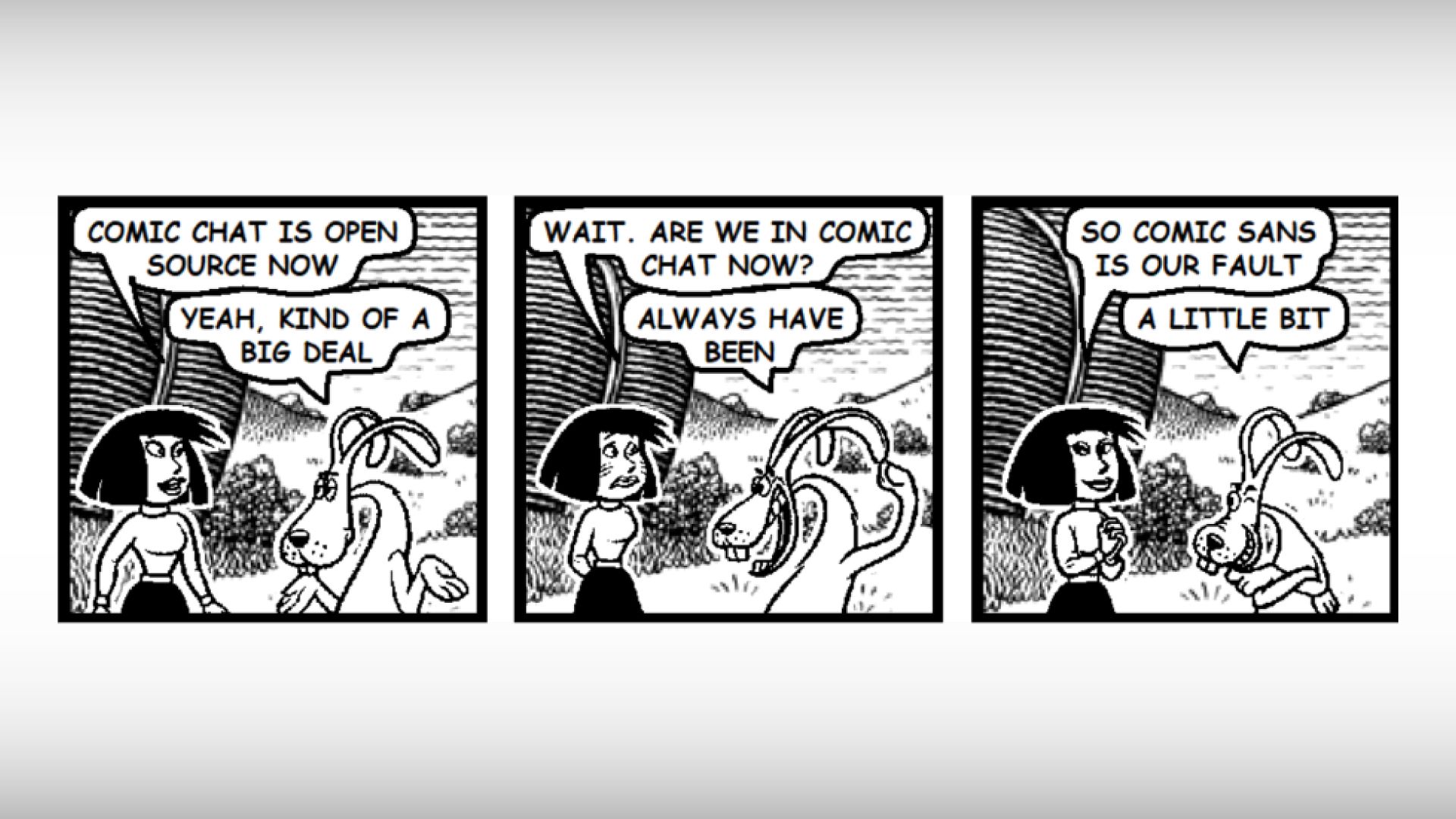 Three-panel black-and-white comic featuring a bob-haired woman with two animal friends; speech bubbles reference open source "Comic Chat" and jokingly blame "Comic Sans".