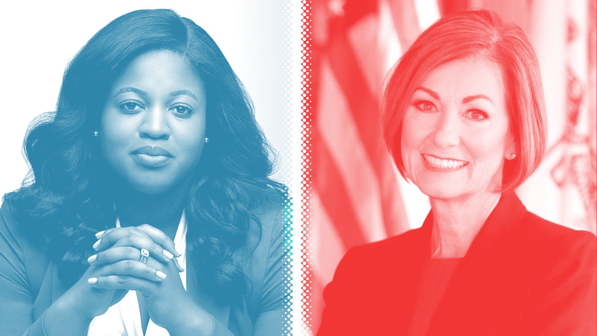 Photo illustration of Deidre DeJear, tinted blue, and Kim Reynolds, tinted red, separated by a white halftone divider