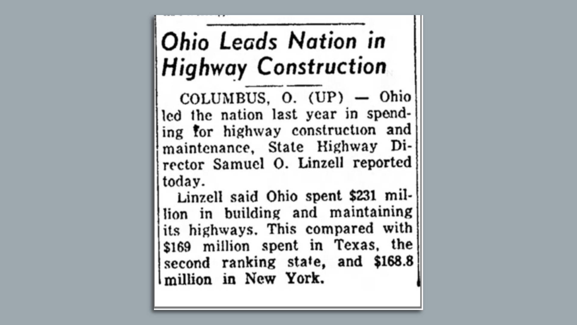 A 1956 news clipping with the headline, "Ohio leads nation in highway construction."
