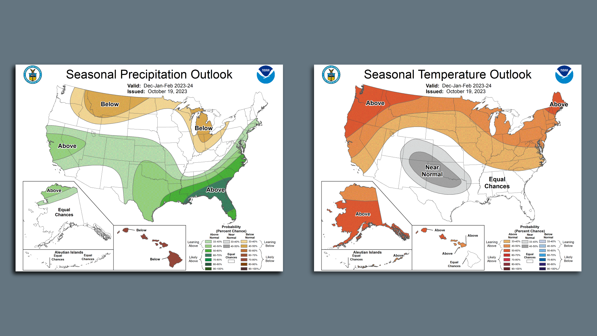 Maps showing the outlook for winter precipitation (left) and temperatures (right) as forecast by the National Weather Service.