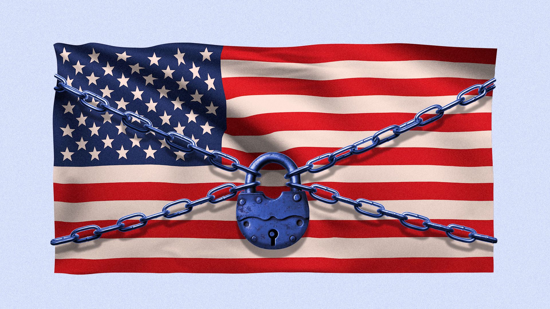 Illustration of the American flag with a chains and lock over it.