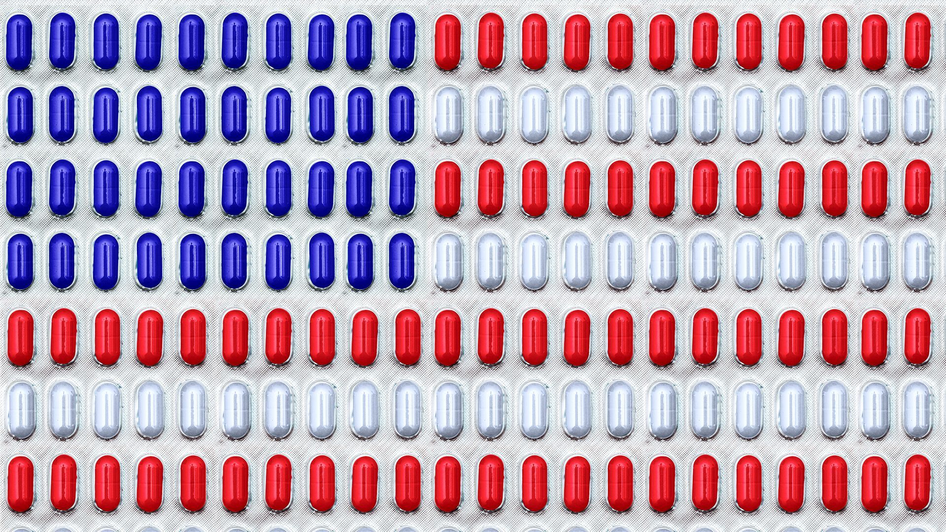 Illustration of the American flag made out of rows of pill capsules.