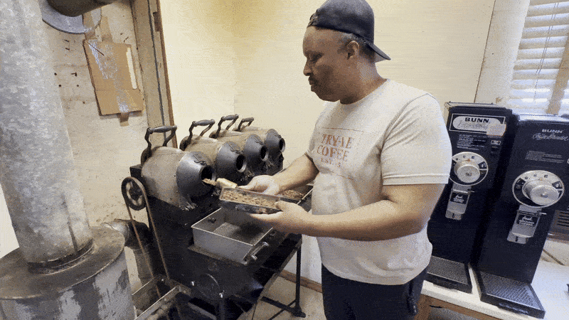 A man checks the color of a coffee bean and then dumps roasted beans into a tray.