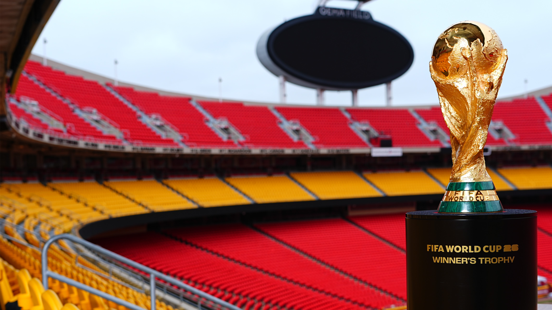 FIFA World Cup trophy is displayed at Arrowhead Stadium in Kansas City.