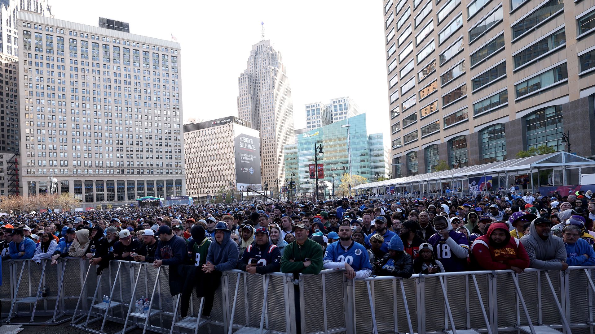 Fans gather prior to the first round of the 2024 NFL Draft at Campus Martius Park and Hart Plaza on April 25 in Detroit. Photo: Gregory Shamus/Getty