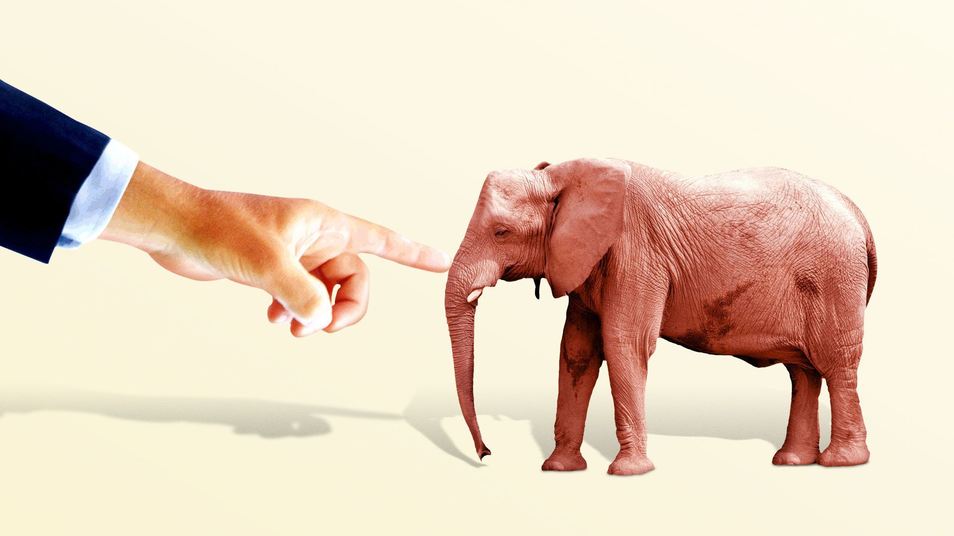 Illustration of a suited hand poking an elephant with it's finger