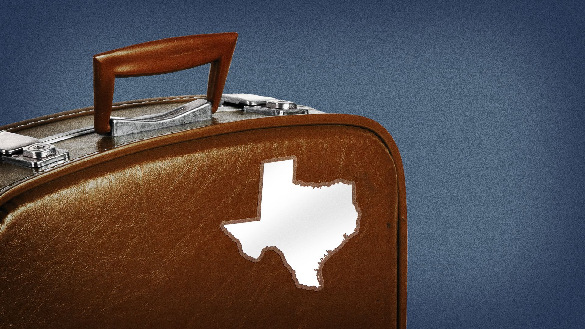 Illustration of a suitcase with a sticker shaped like Texas. 
