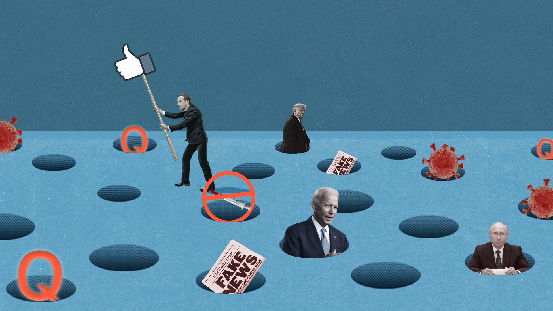 An illustration of Facebook CEO Mark Zuckerberg with icons coming out of holes for Qanon, fake news and Vladimir Putin