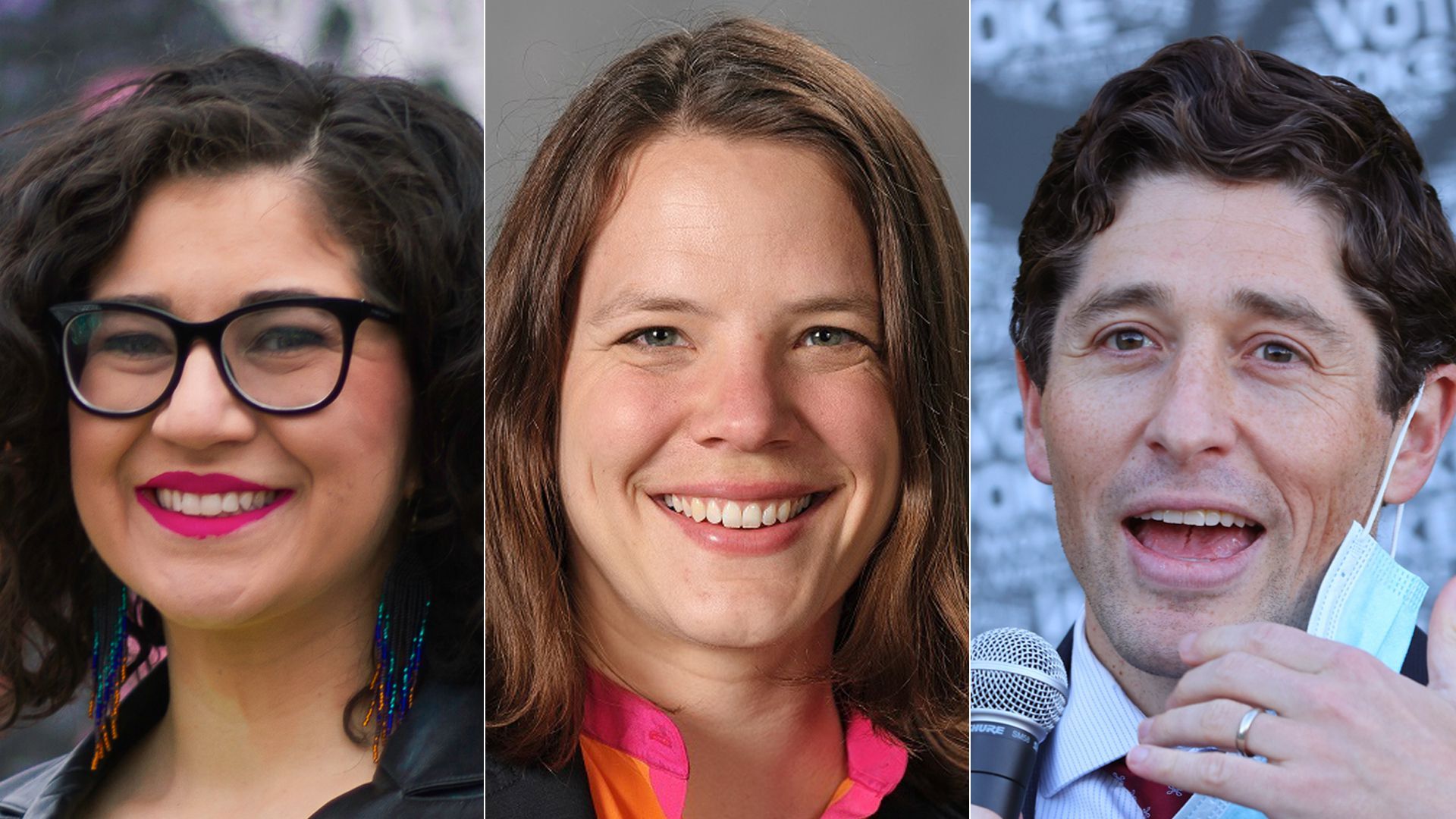 Sheila Nezhad (left) and Kate Knuth (center) are challenging Minneapolis Mayor Jacob Frey (right).