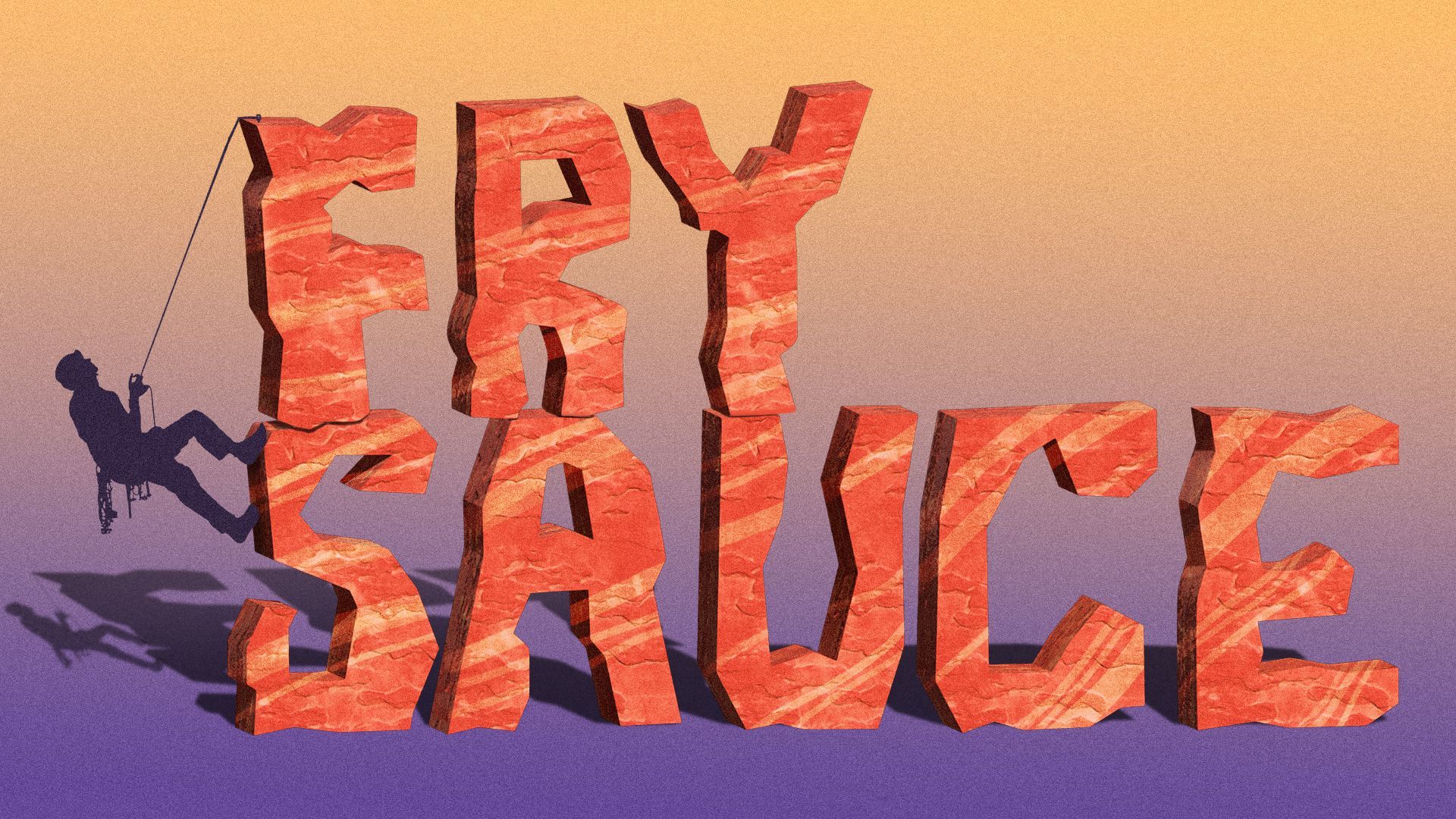 Illustration of a person climbing "Fry Sauce" text made of rock.
