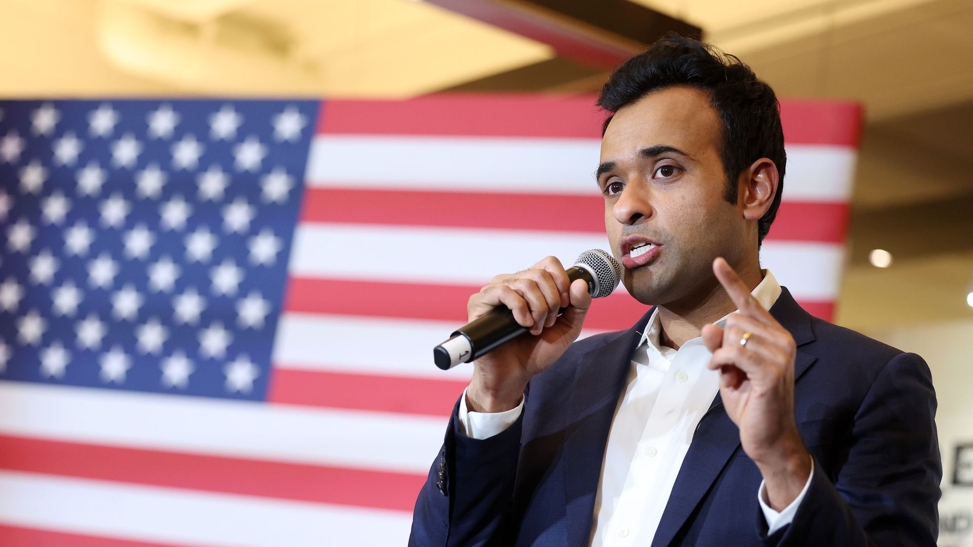  Vivek Ramaswamy speaks at his caucus night event.