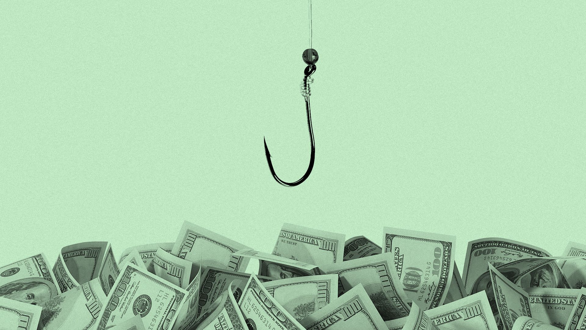 A fishing hook sinking into an ocean of hundred dollar bills