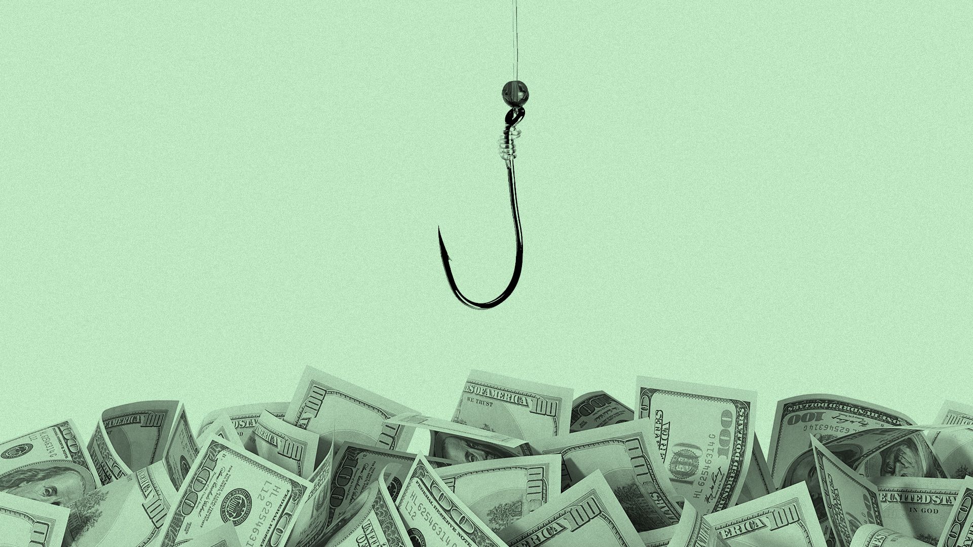 A fishing hook sinking into an ocean of hundred dollar bills