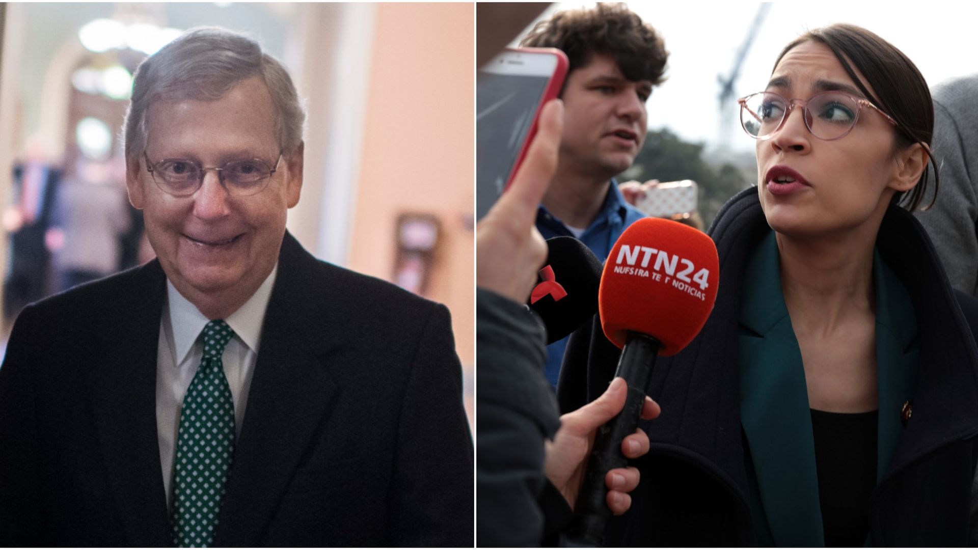 A smiling Mitch McConnell and Alexandria Ocasio-Cortez talking into a microphone