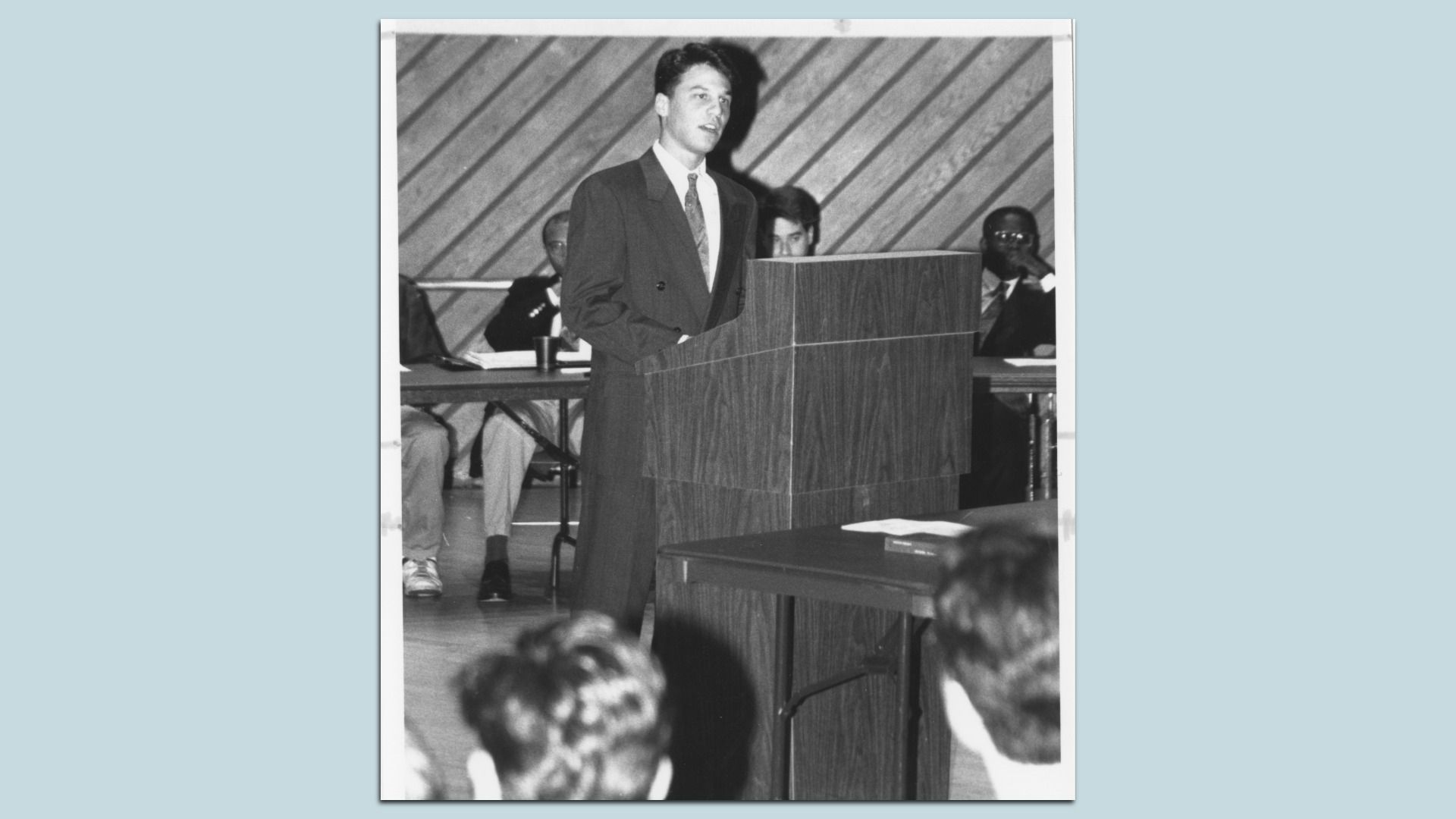 Josh Shapiro speaks behind a podium as a college student in 1993.