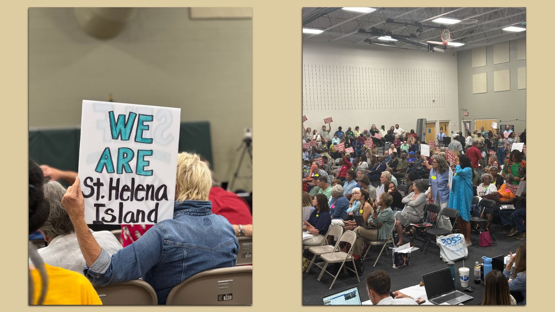 Side-by-side photos of the audience at the Beaufort County Council meeting on Sept. 22, 2025.