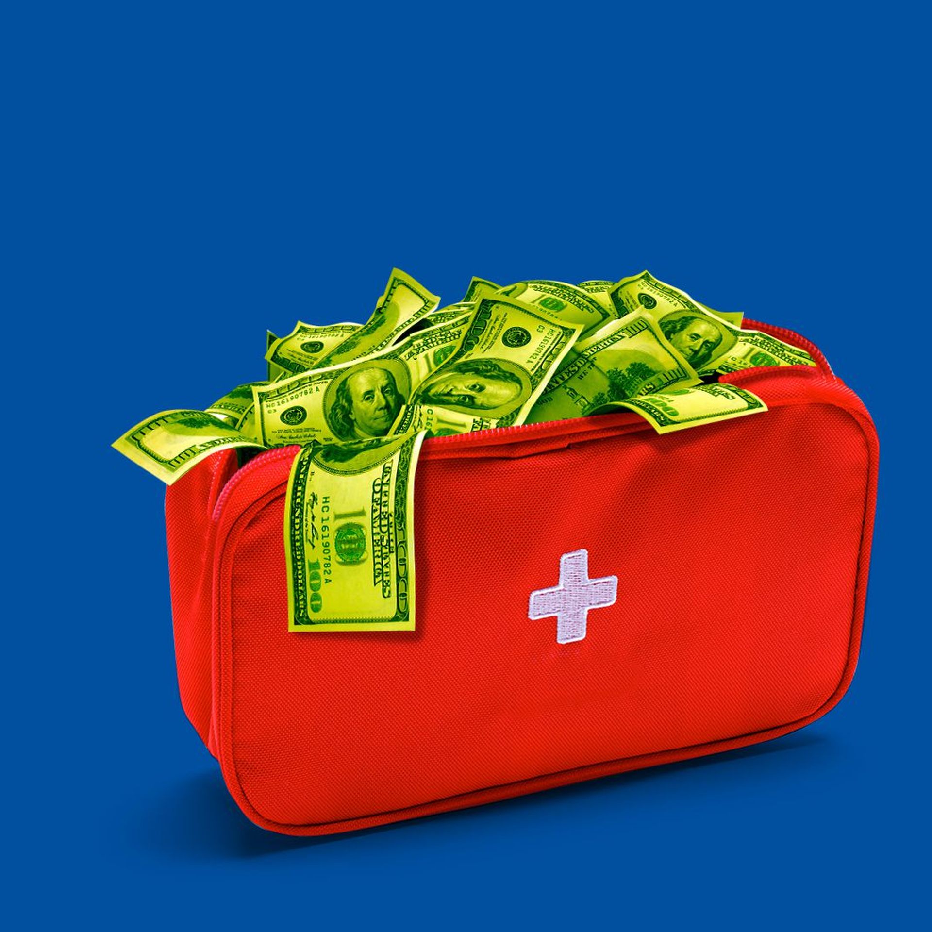 Illustration of a first aid bag filled with cash.   