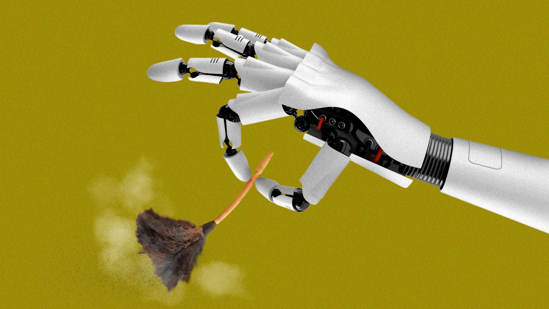 Illustration of a large robot hand using a tiny feather duster, sweeping dust. 