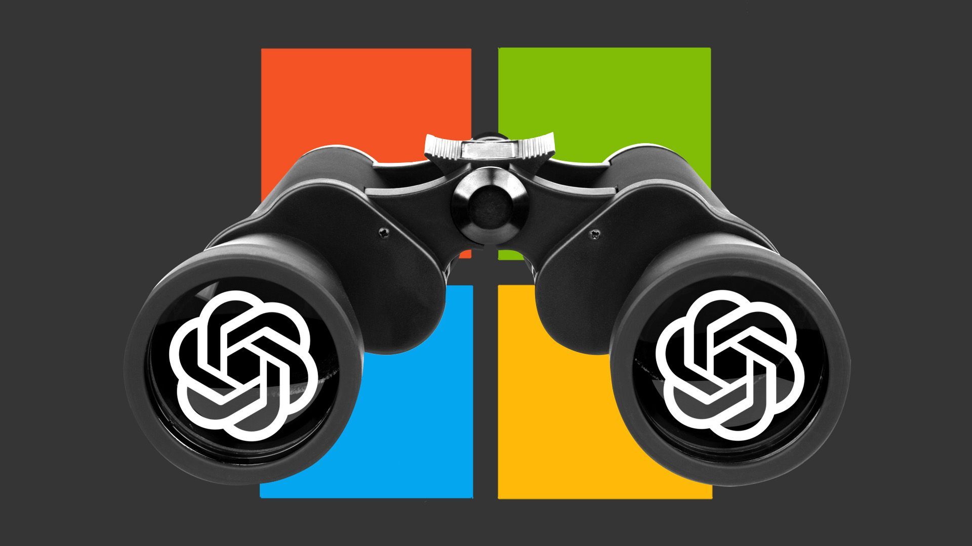Illustration of the Microsoft logo with binoculars viewing the OpenAI logo