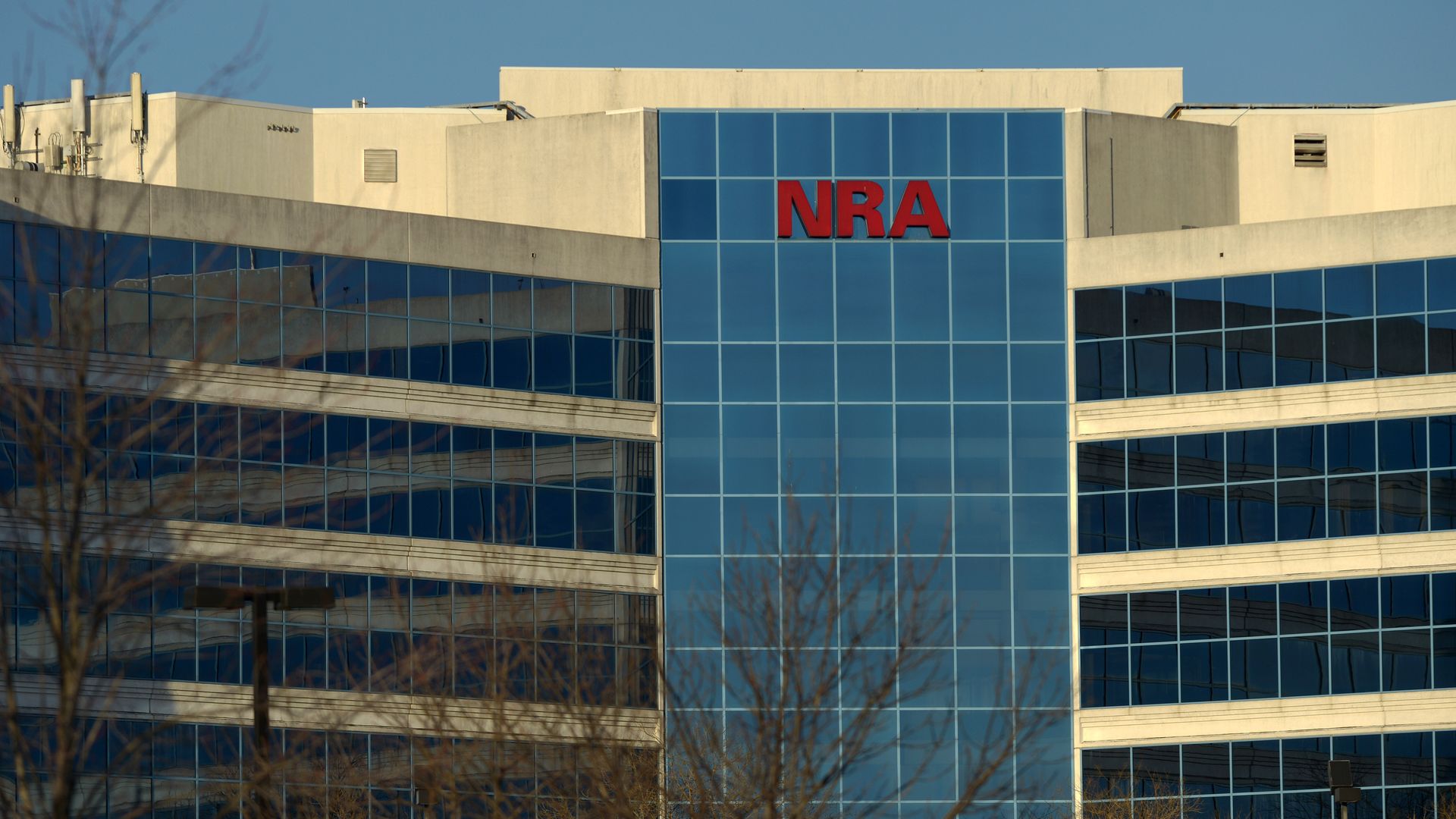 The headquarters of the NRA, with the letters NRA written on top of the building. 