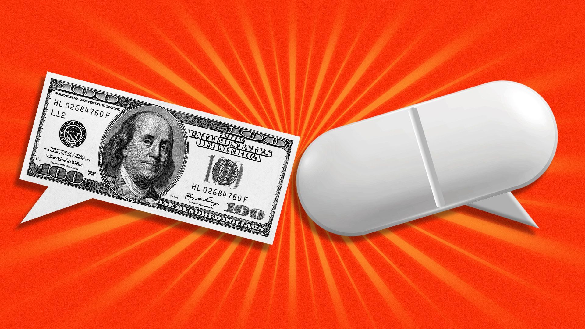 Illustration of text boxes in the shape of a hundred dollar bill and a pill clashing