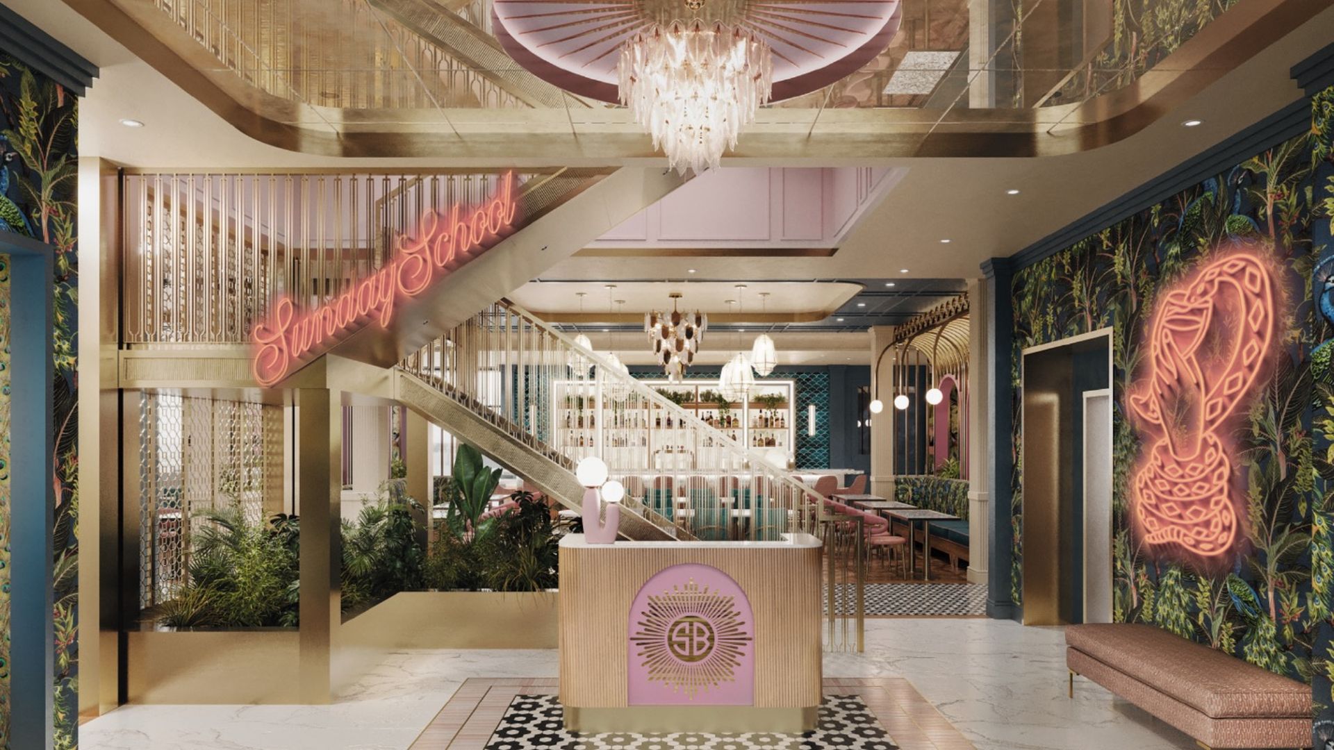 Luxurious lobby with pink and gold decor, tiled floor, neon signs reading "Sunday School" and a snake, a chandelier, a reception desk, stairs, plants, and seating areas with floral walls.