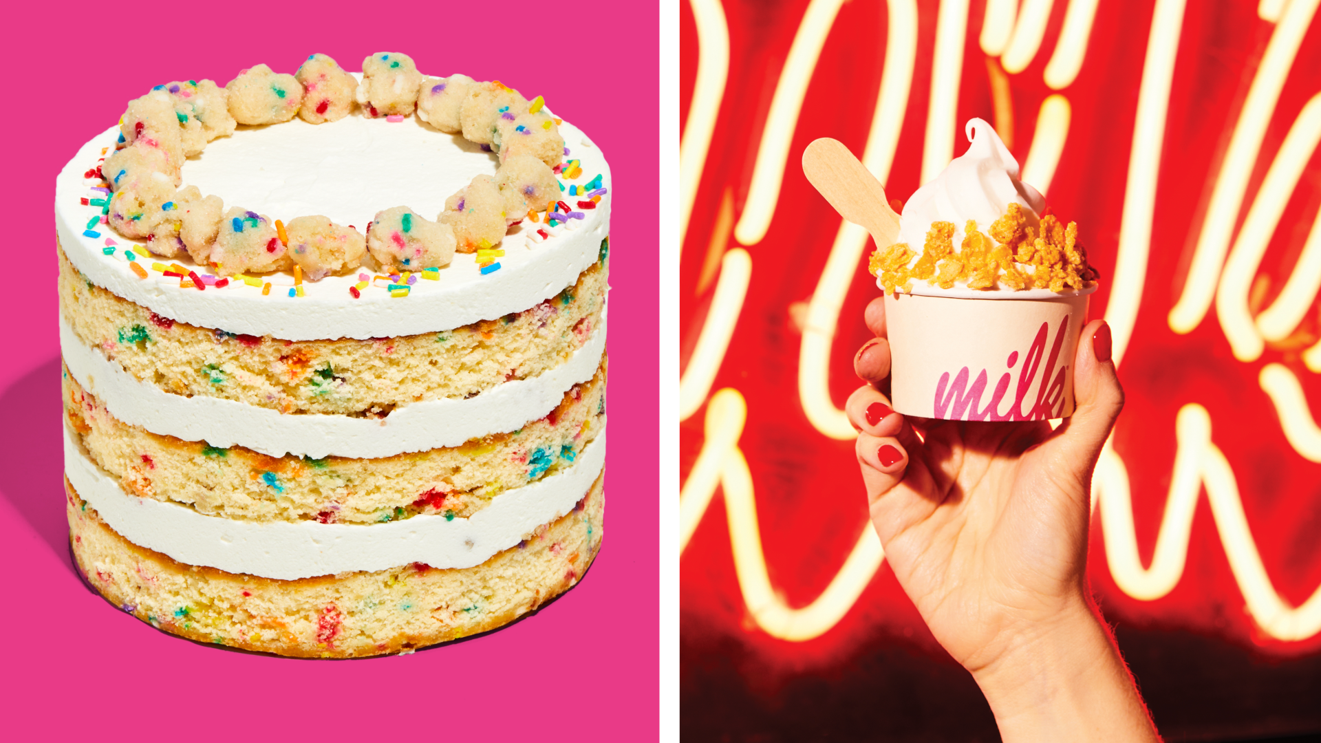 A multi-layered vanilla cake with rainbow specks and white frosting on a hot pink background. A hand holding up a cup of vanilla soft serve with yellow crunch cereal on it in front of a red neon sign.
