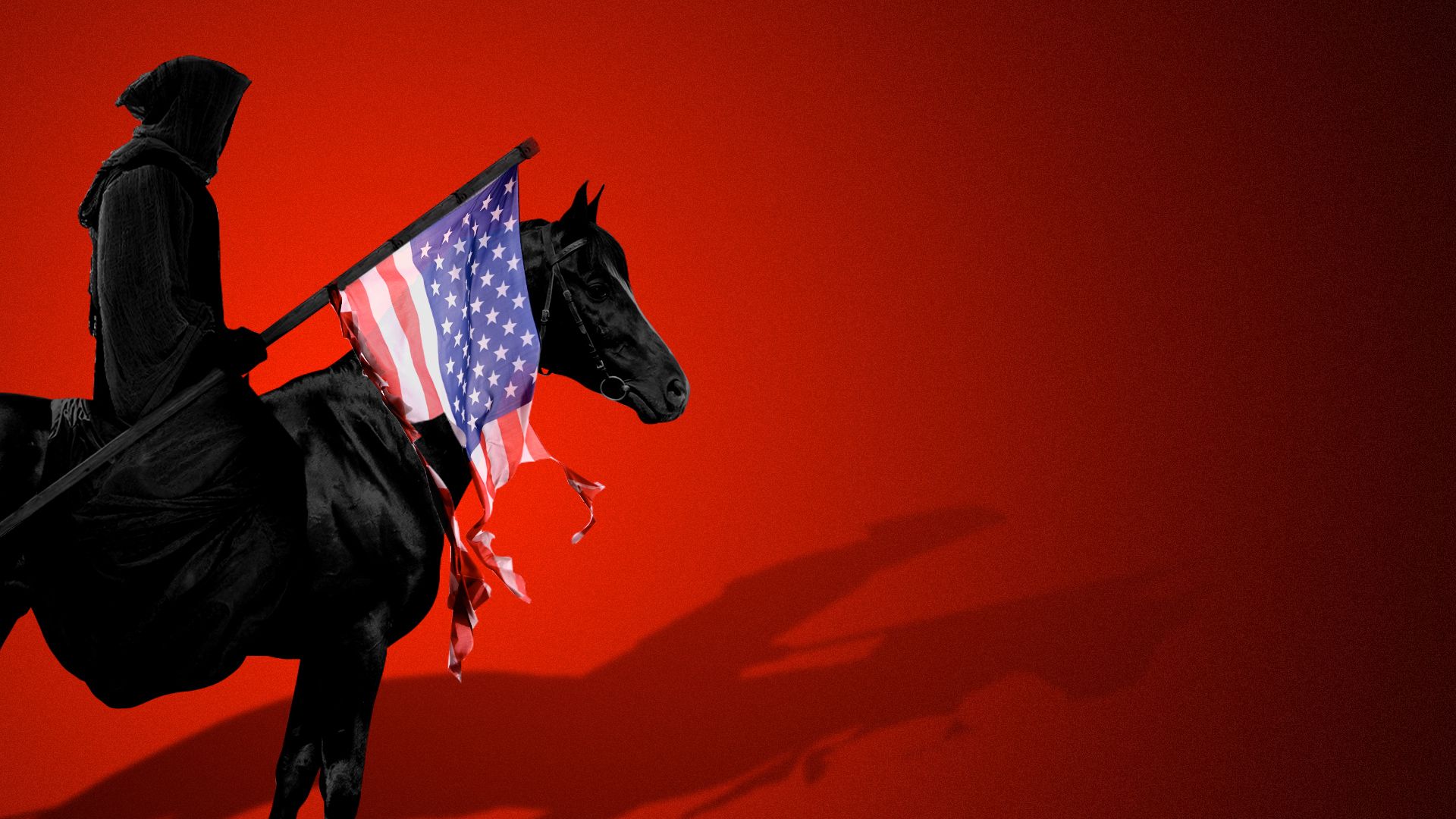 Illustration of the horseman of death carrying a tattered American flag. 