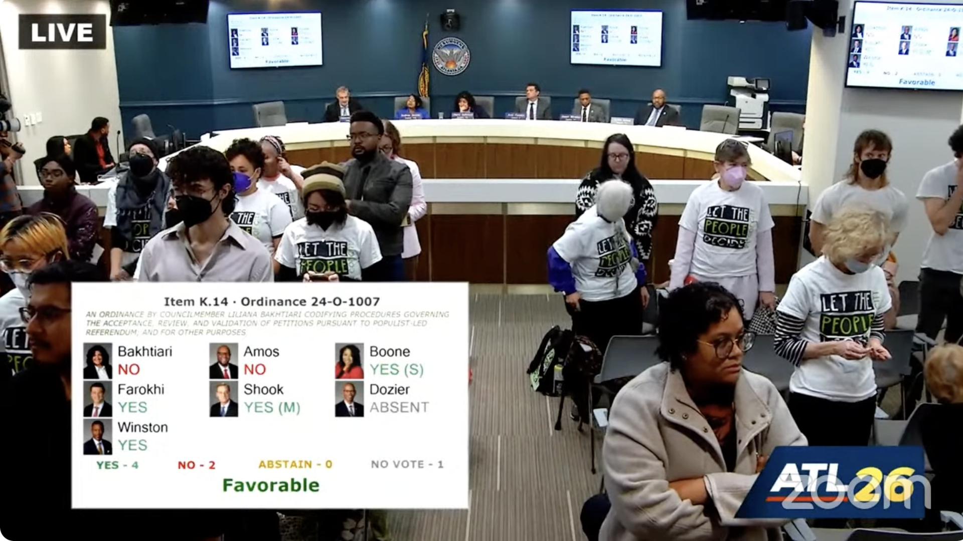 A screenshot of an Atlanta City Council committee meeting where activists in the audience turn their backs on lawmakers