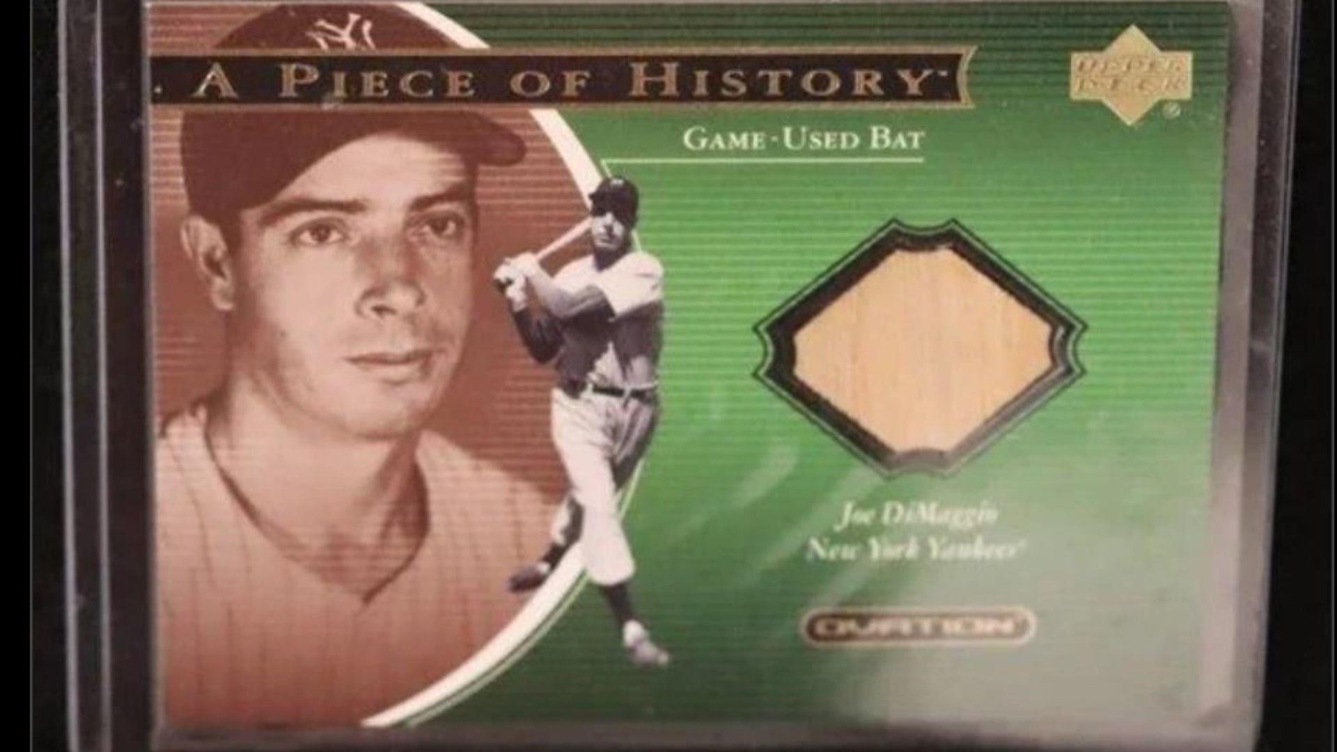 A vintage portrait of Joe DiMaggio with an image of him swinging a bat on top of that and diamond shape border around a wood piece.