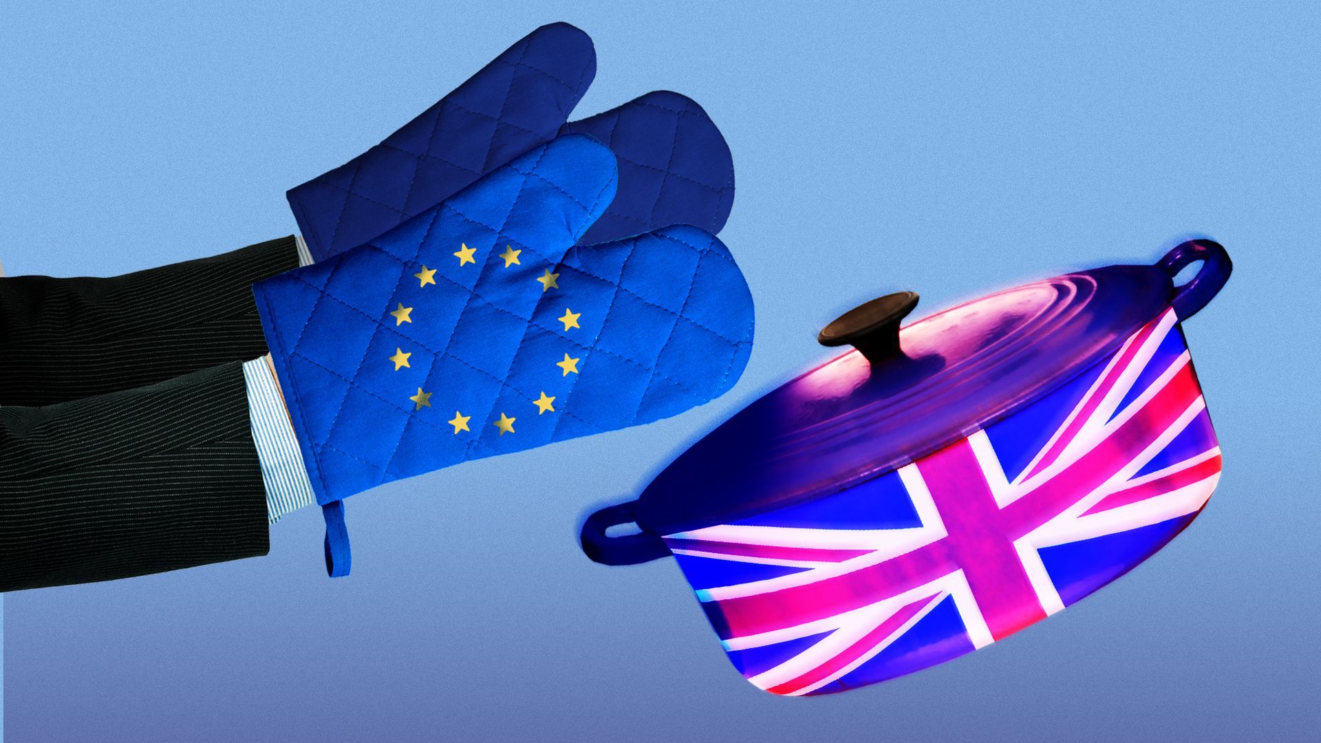 Illustration of oven mitts with EU flag symbol dropping an oven dish with U.K. flag