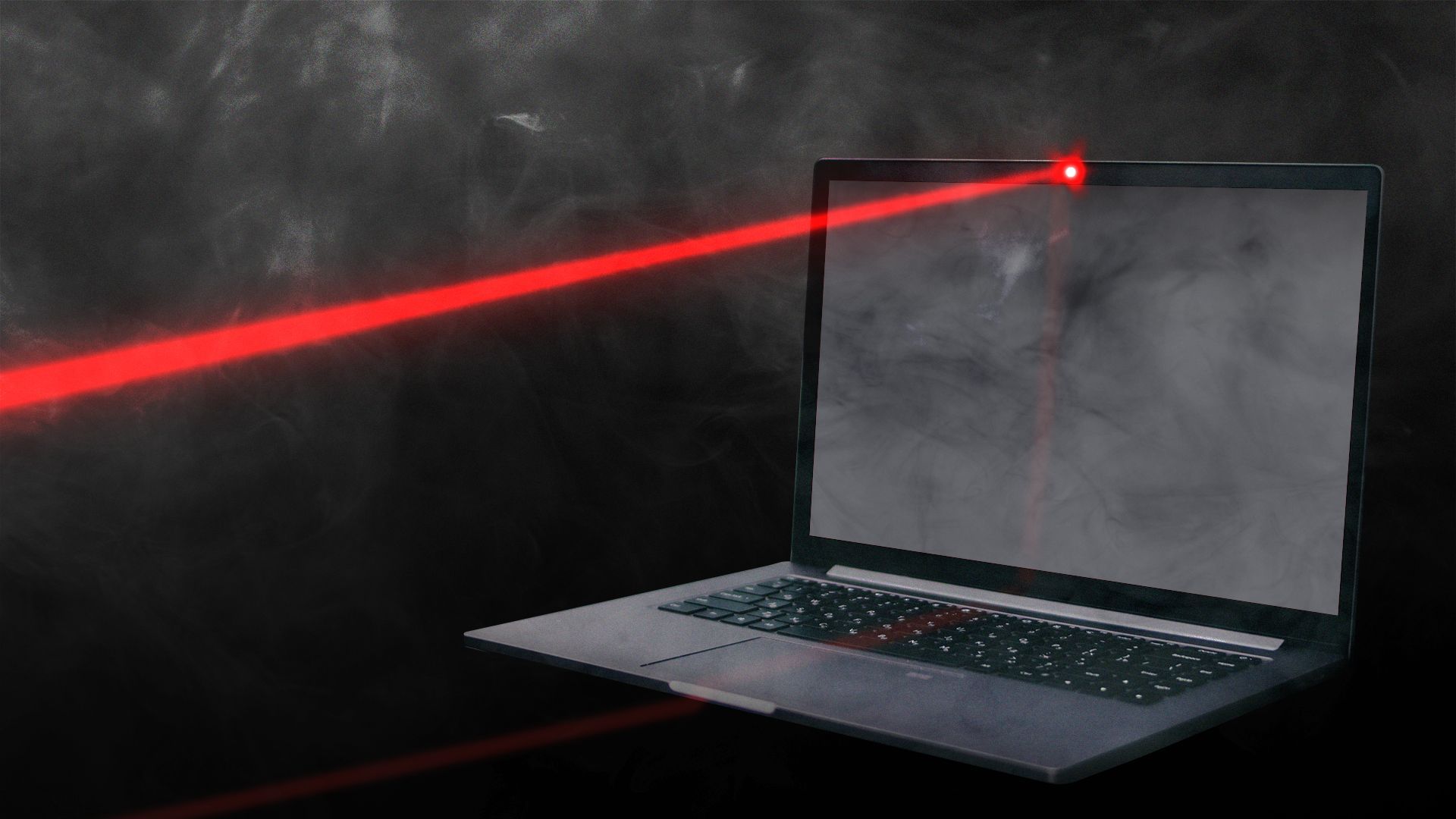 Illustration of a laptop with a laser beam extending from the camera, resembling a gun's laser sight