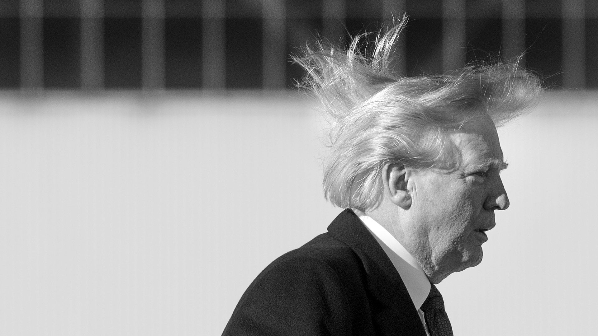 Picture of Donald Trump with his hair flowing in the wind