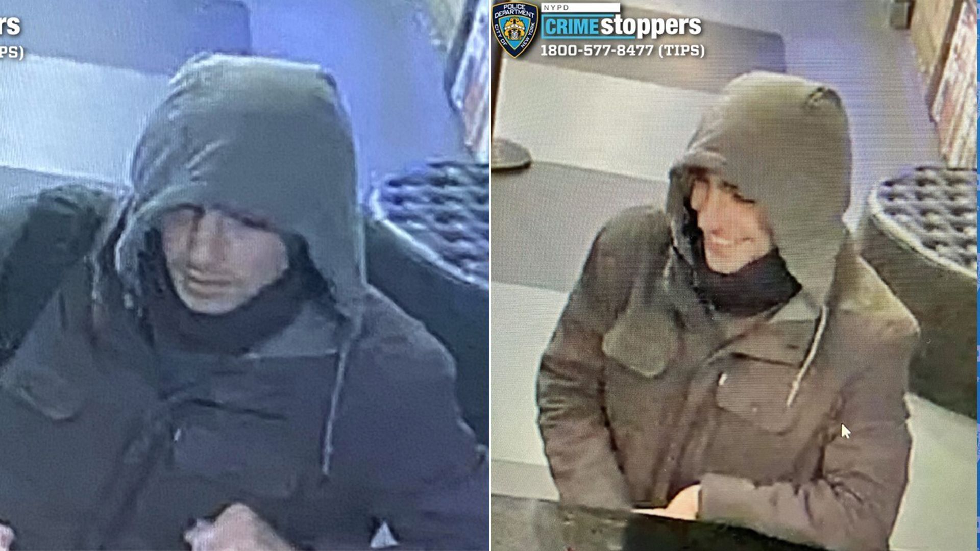 A person in a hoodie and neck gaiter in side by side photos