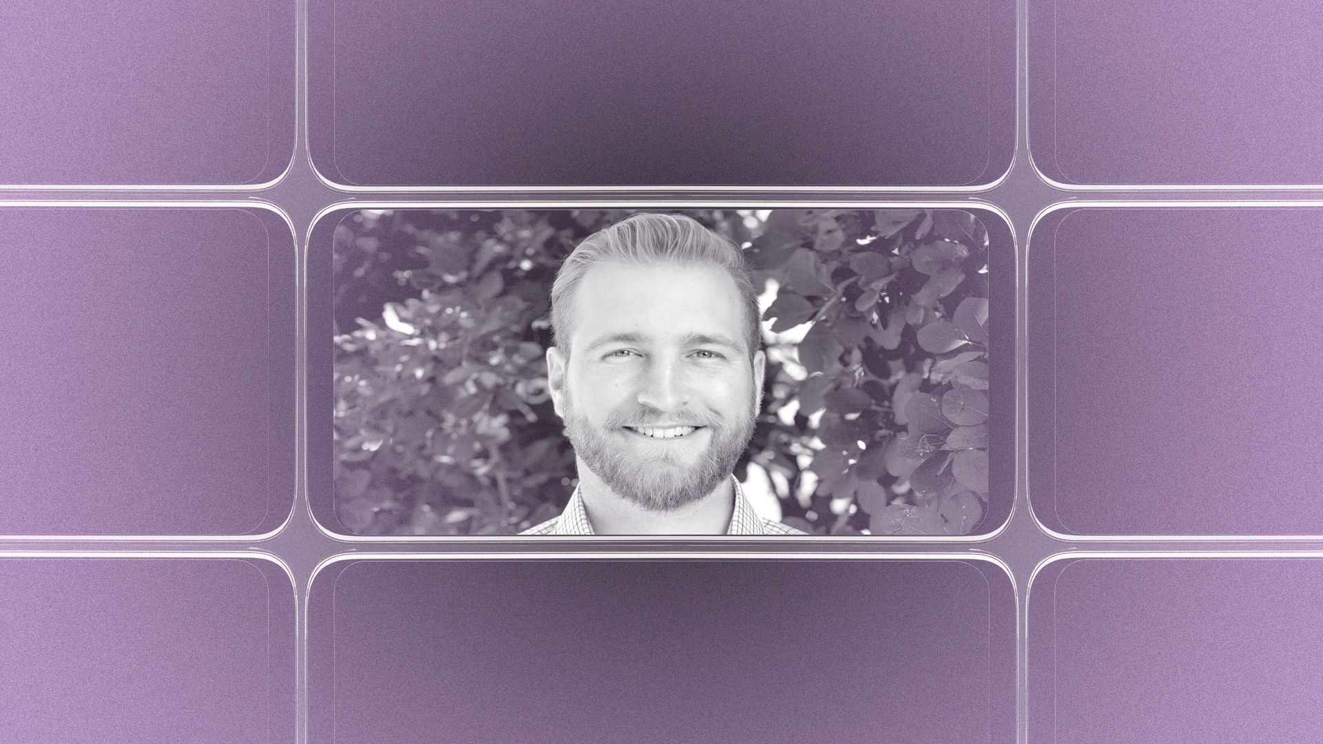 Illustration of a grid of smartphone screens, the center one showing an image of Conor Hall.