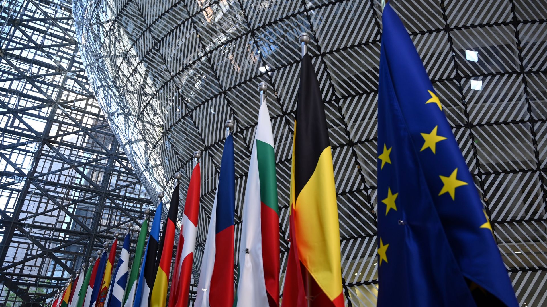 European Council building with European flags displayed