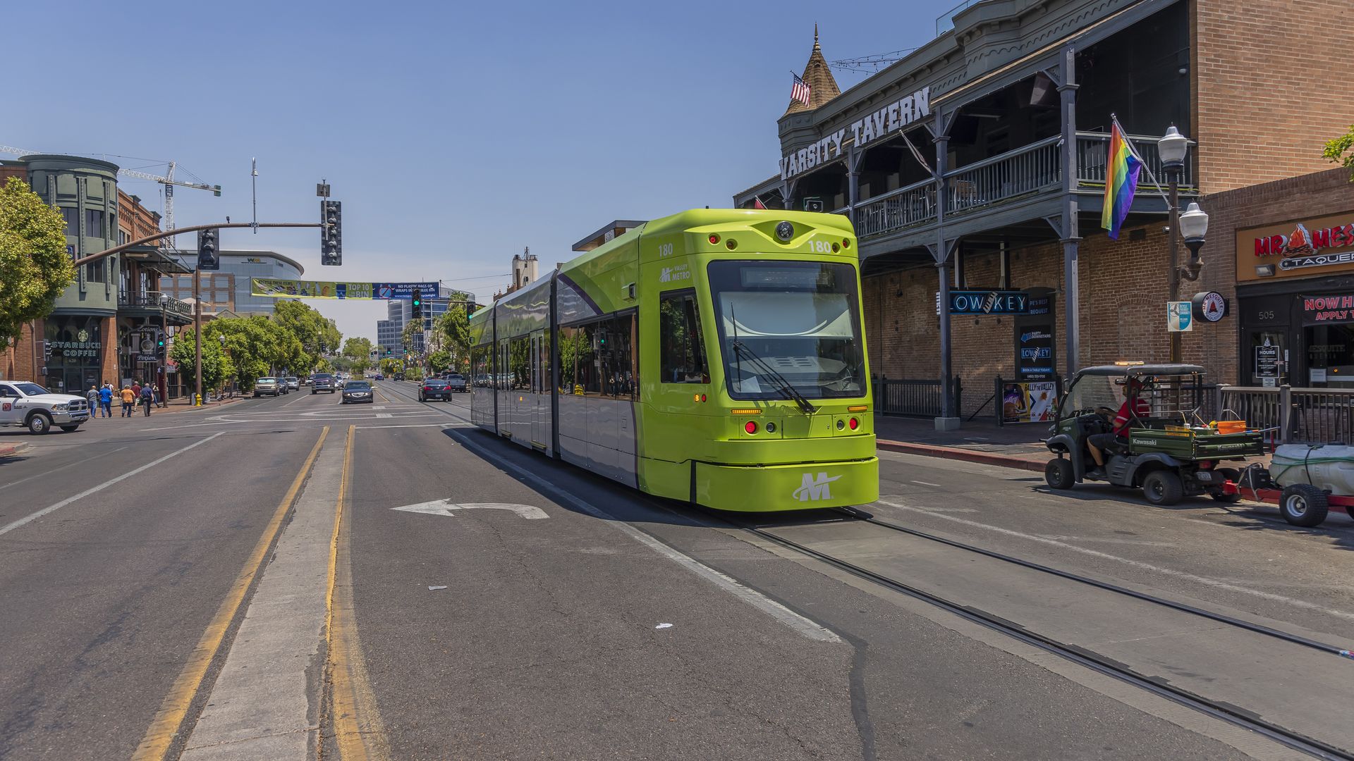 A green streetcar.