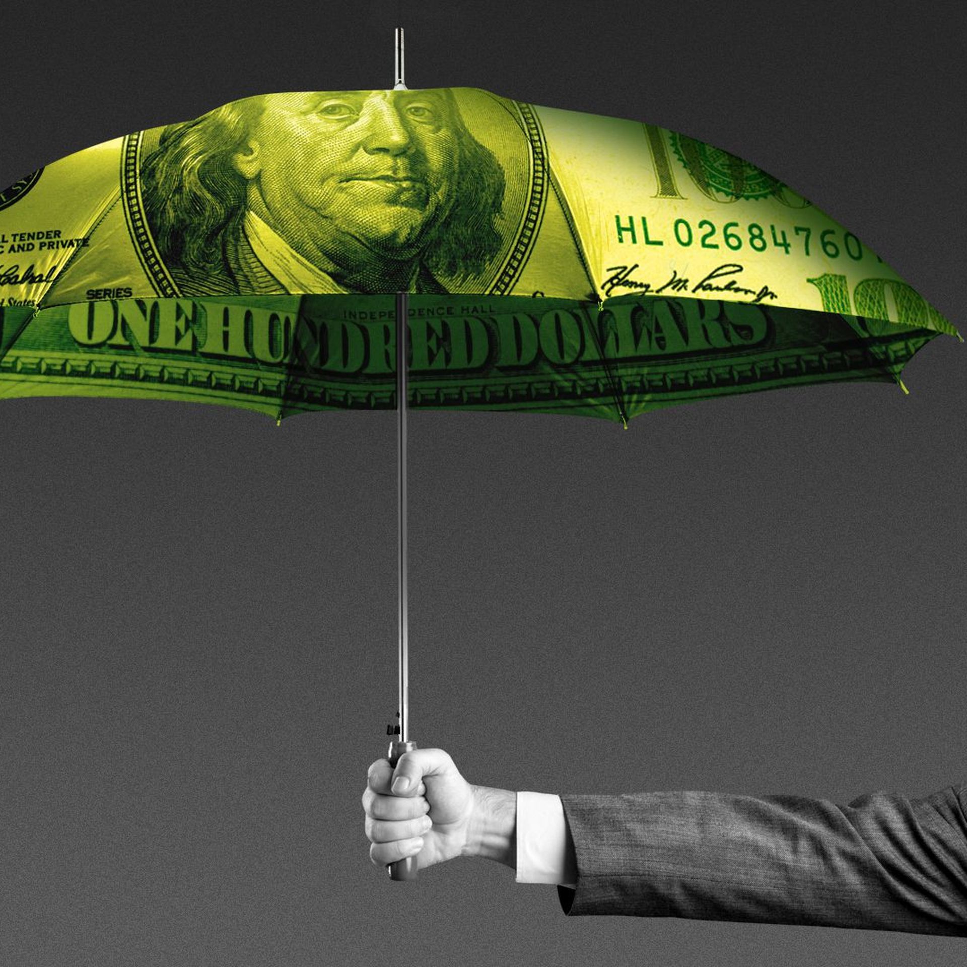 Illustration of a person in a suit holding an umbrella made of money