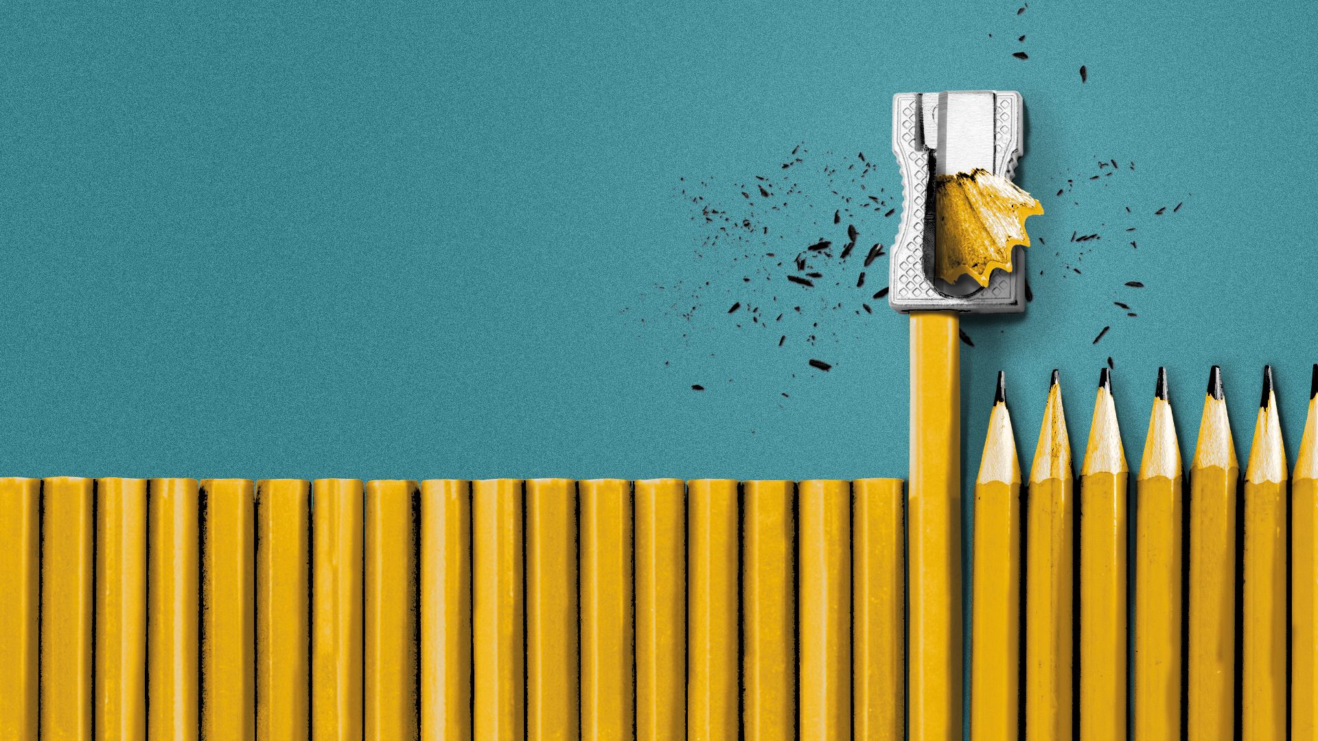 Illustration of a row of unsharpened pencils, one being sharpened, and after that several sharpened pencils.