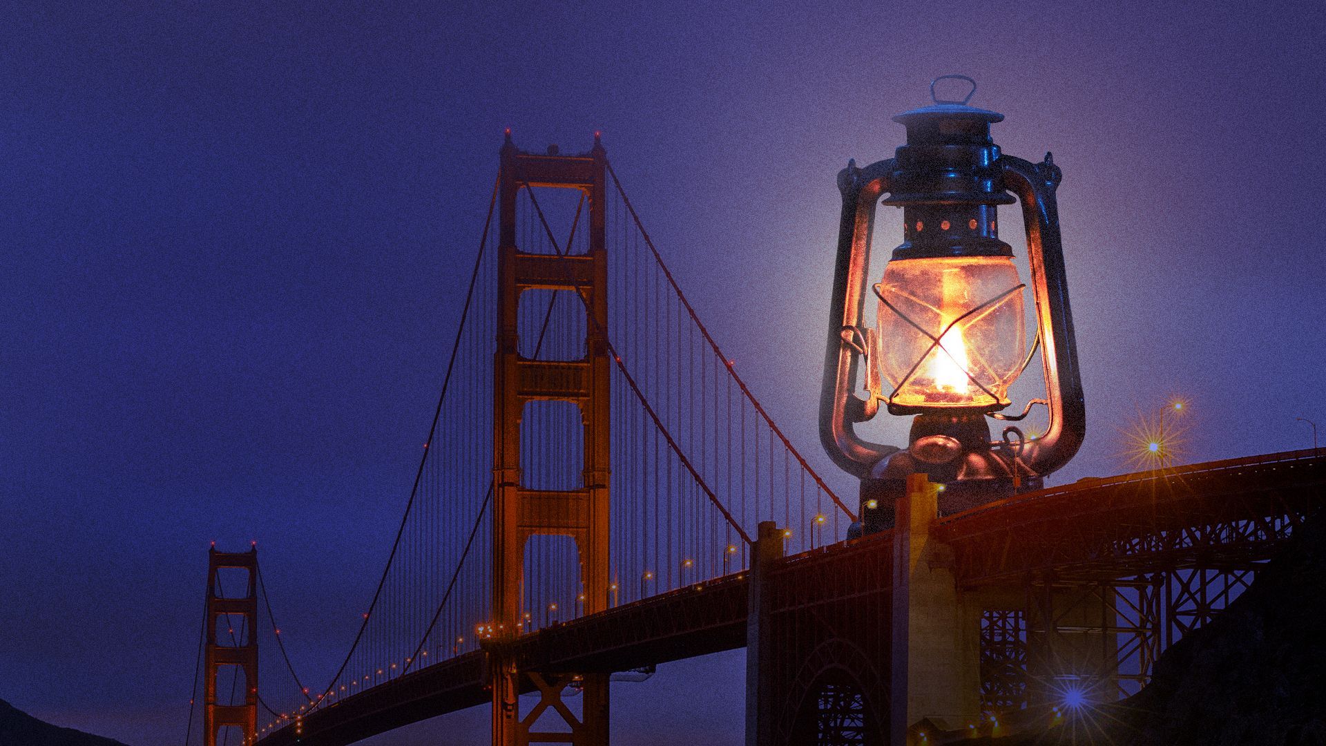 Illustration of a kerosene lamp on the Golden Gate Bridge.