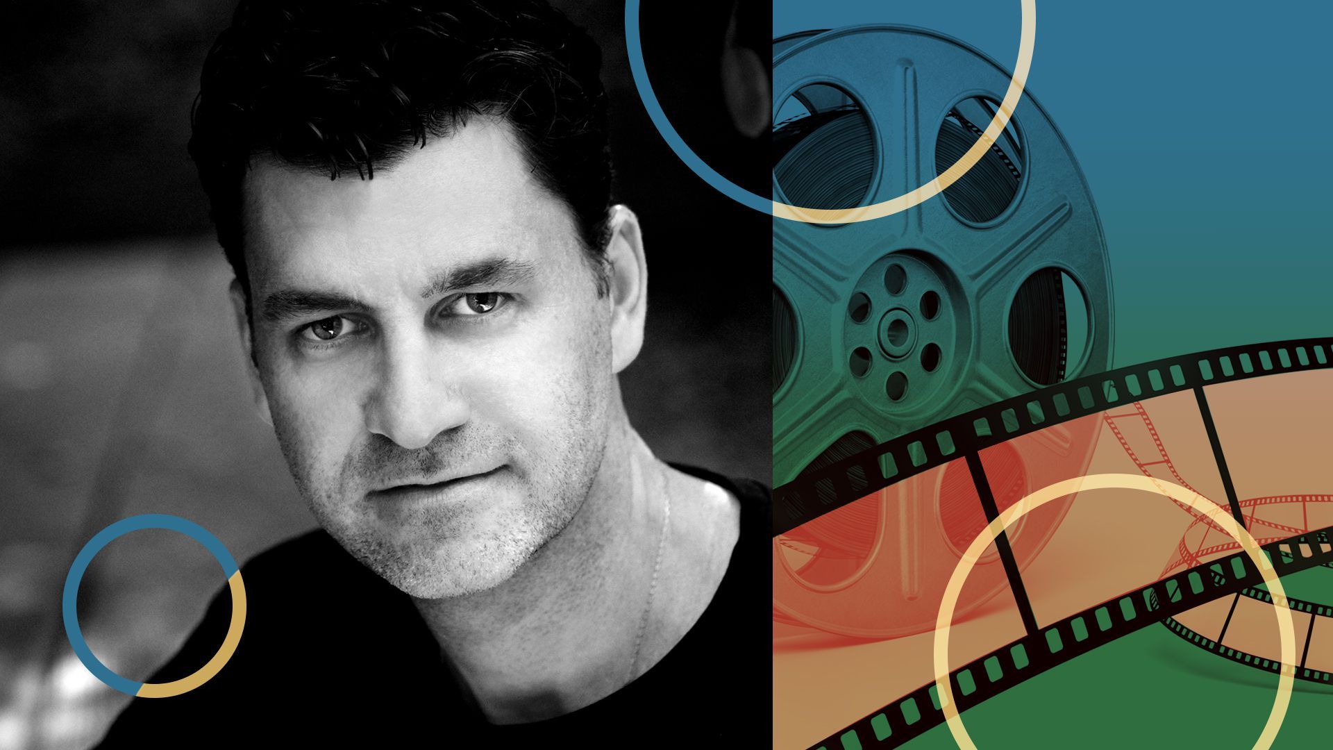 Photo illustration of Fernando Szew, head of Fox Global Entertainment, with a film reel and various shapes