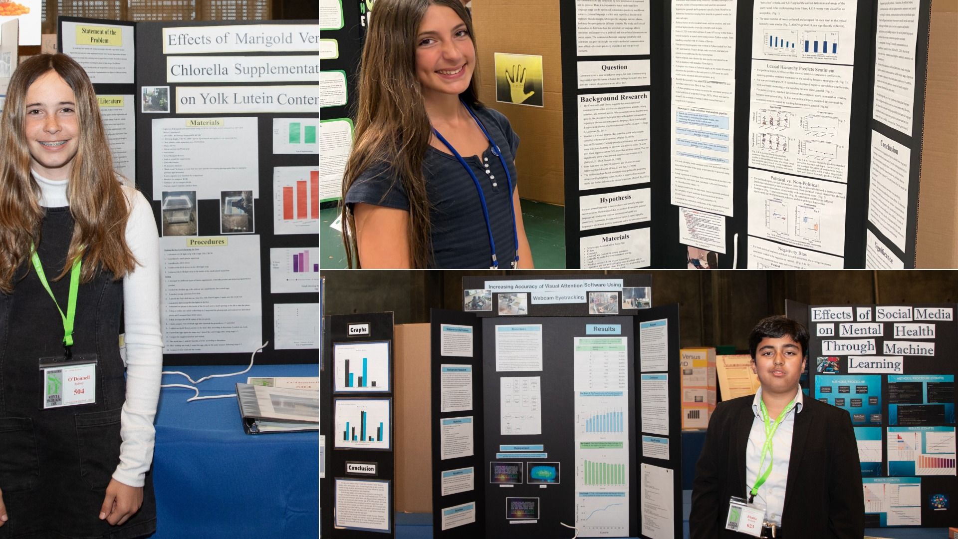 Collage of three students at a science fair, standing beside large poster boards filled with charts and text. Left: girl with long hair; center: smiling girl; right: boy near a poster on social media and mental health.