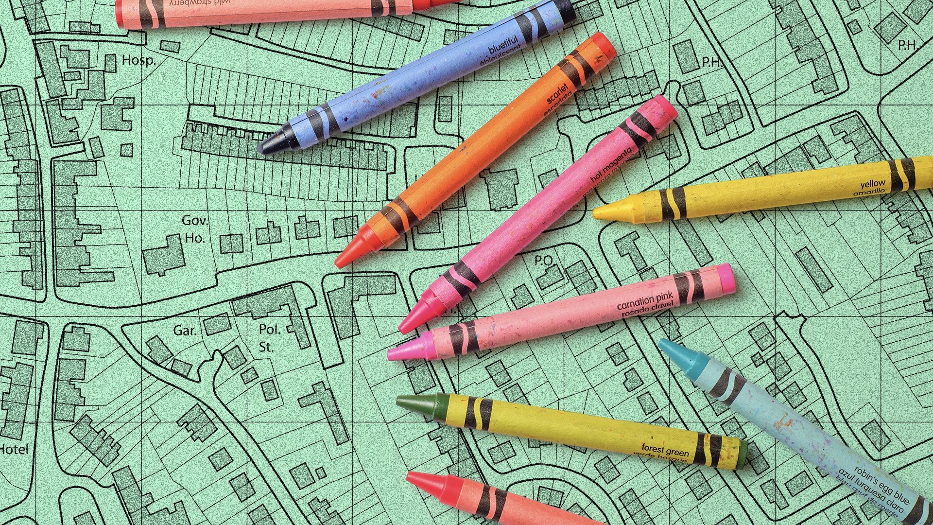 Illustration of crayons atop a simple map of a town
