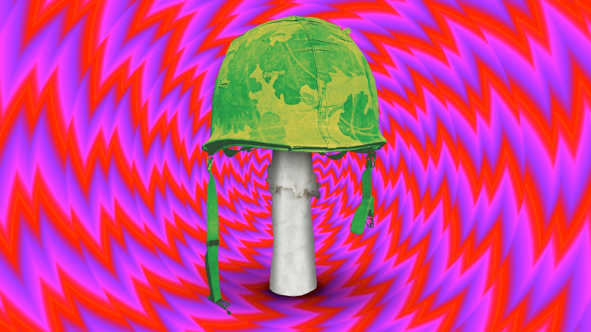 Illustration of a mushroom with an army helmet as the cap, on an optical illusion background. 