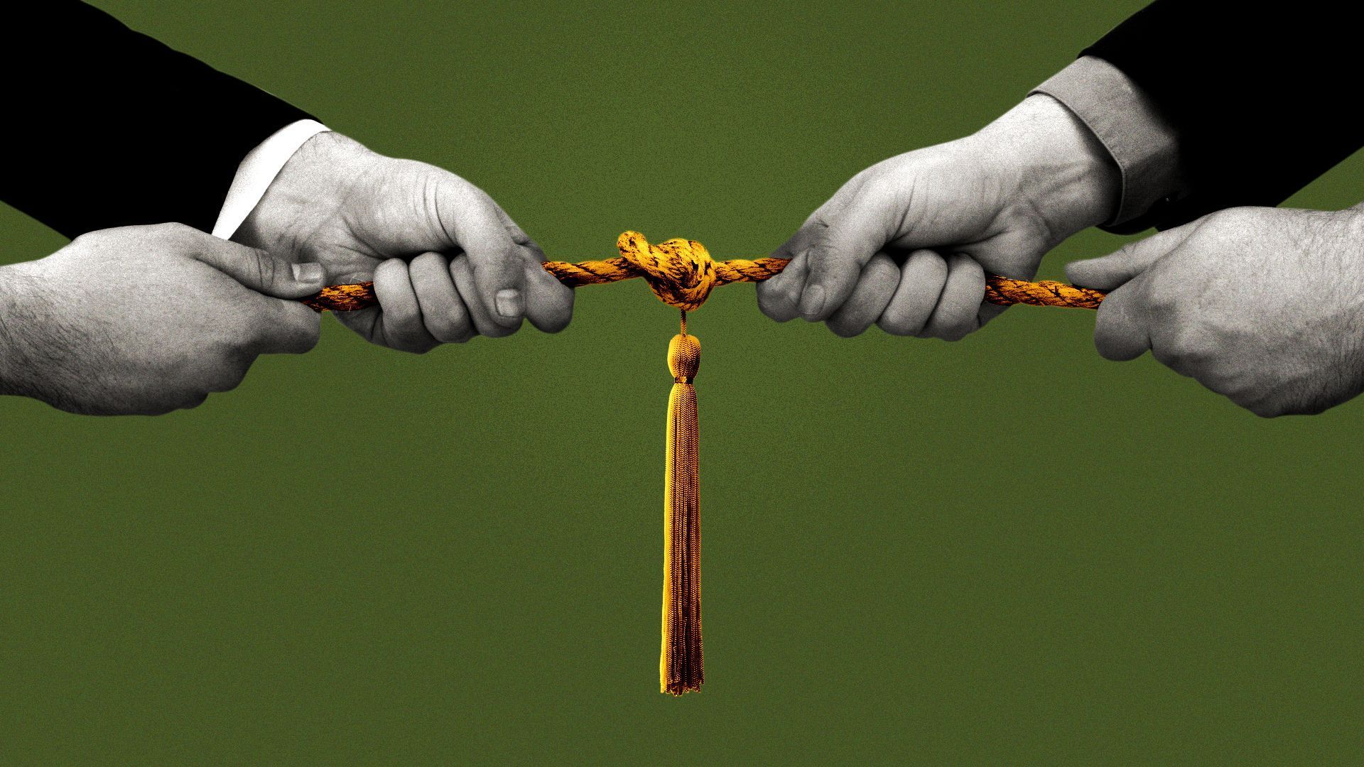 Two people on either side tugging a yellow tassel