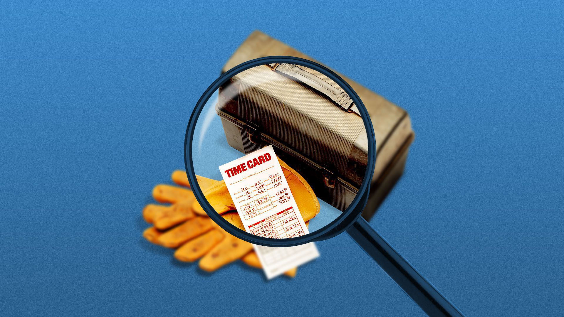 A magnifying glass over a time card, gloves, and a briefcase